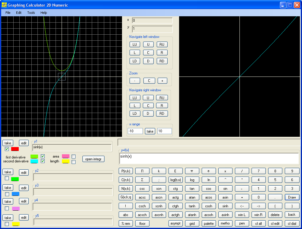 y= sinh(x) with first and second derivative